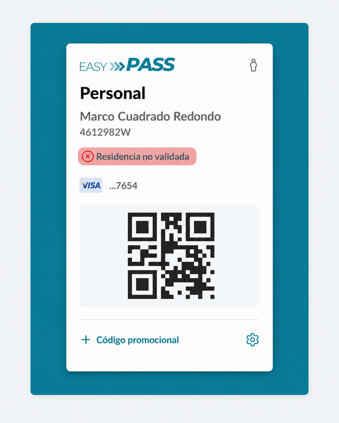 Ejemplo de tarjeta Easy Pass con residencia no validada