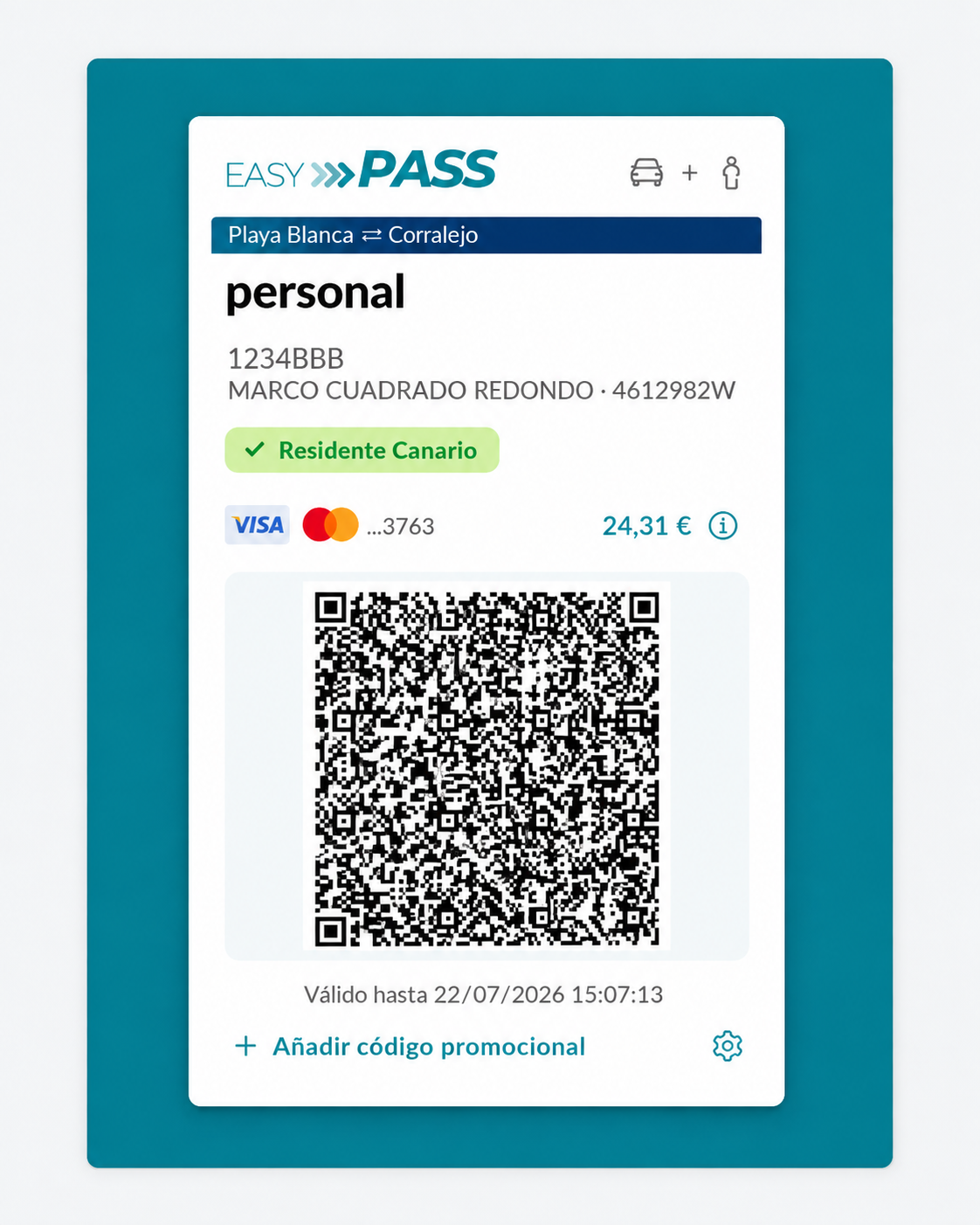 Ejemplo de tarjeta Easy Pass con residencia validada