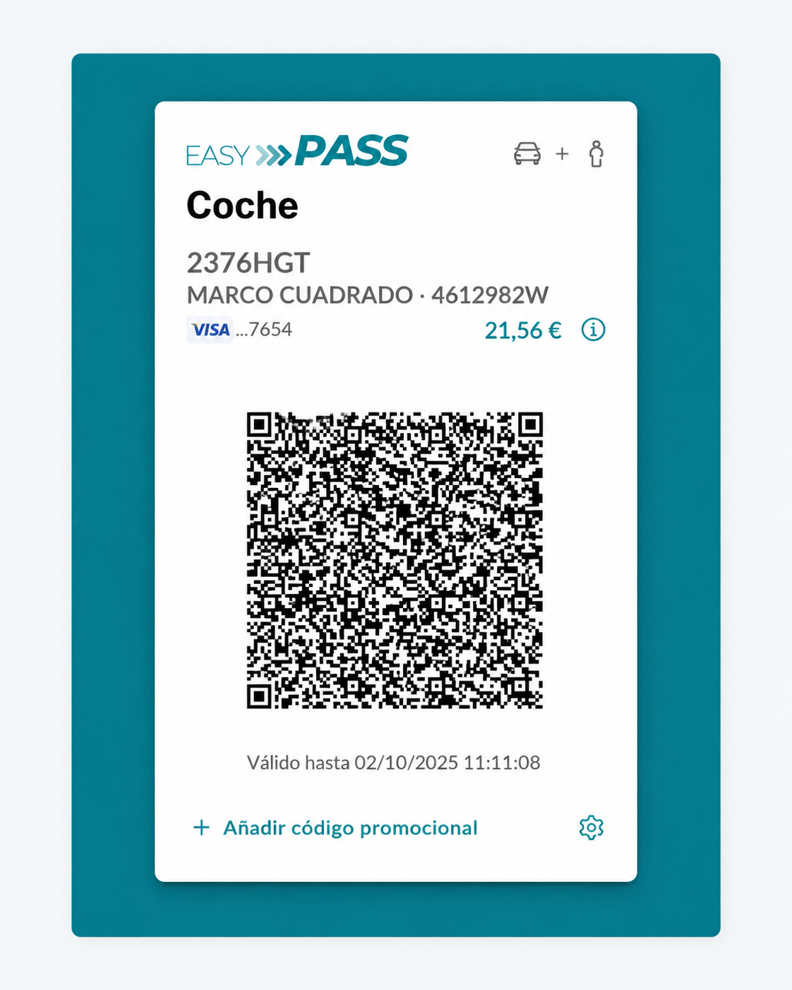 Ejemplo de tarjeta Easy Pass para coche y pasajero